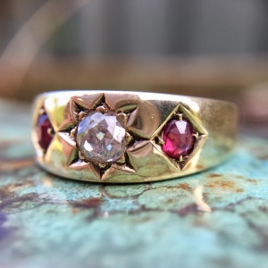 Victorian Era Old Cut Diamond and Natural Ruby Gypsy Ring in 15ct